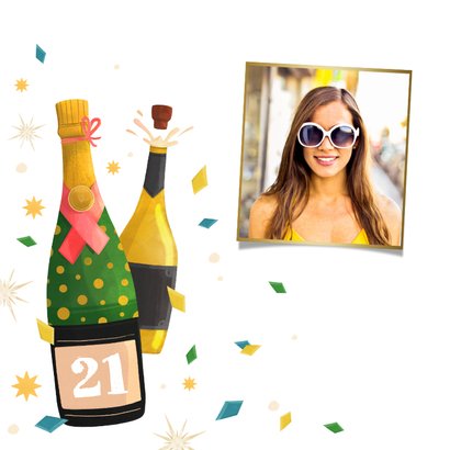 Verjaardagskaart champagnefles confetti sterren cheers foto 2