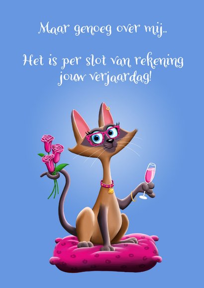 Verjaardagskaart charmante kat zit met een glas champagne! 2