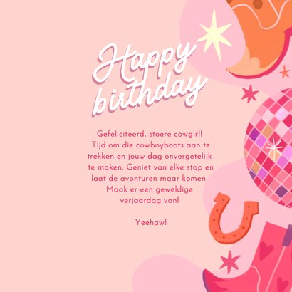 Verjaardagskaart cowboyboots en discoballen roze 3