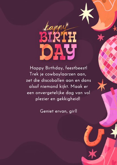 Verjaardagskaart cowboyboots en discoballen 3