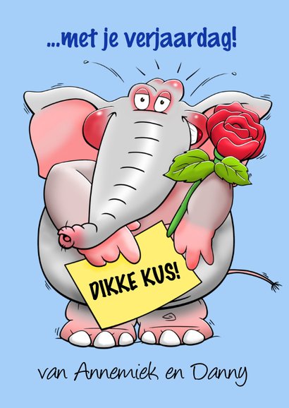 Verjaardagskaart dikke kus voor een man met olifant en roos 3