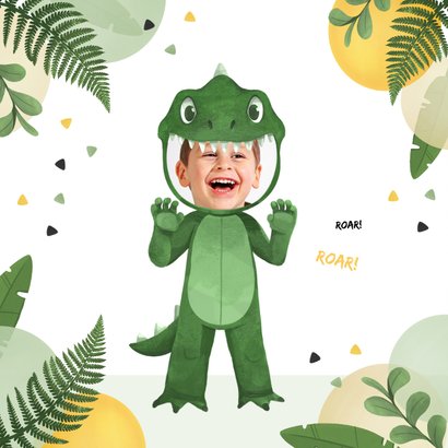 Verjaardagskaart dinosaurus kostuum stoer jungle ballonnen 2