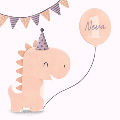 Verjaardagskaart dinosaurus met hoedje en vlagjes 2