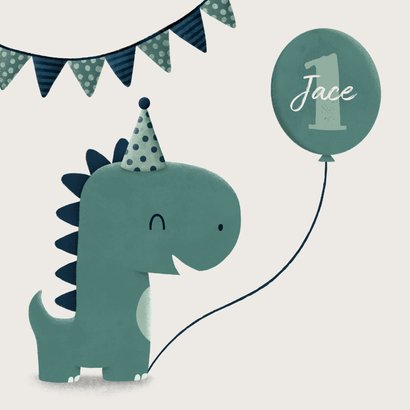 Verjaardagskaart dinosaurus met vlagjes en hoedje 2