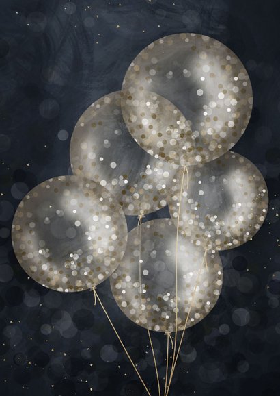 Verjaardagskaart donkerblauw met confetti ballonnen 2