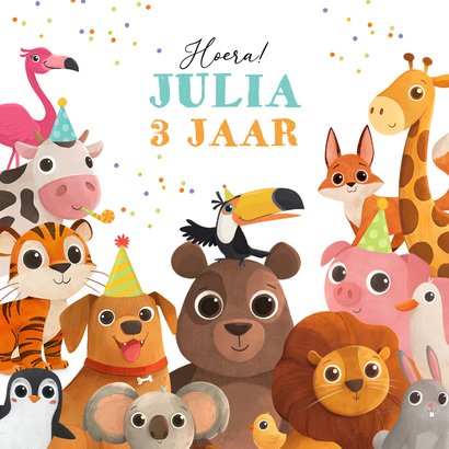Verjaardagskaart feestbeest dieren feestje confetti 2