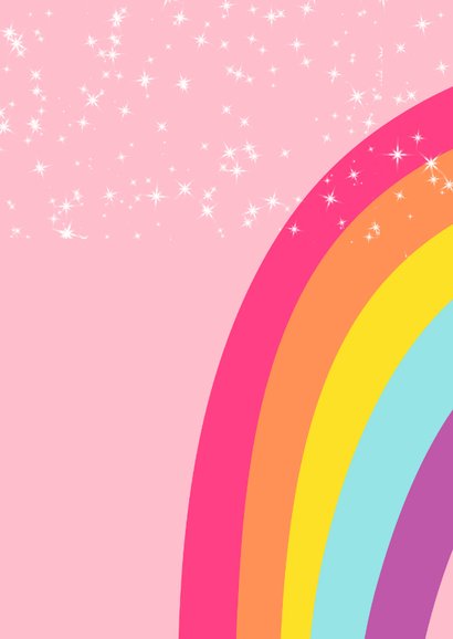 Verjaardagskaart felicitatie eenhoorn met regenboog roze Achterkant