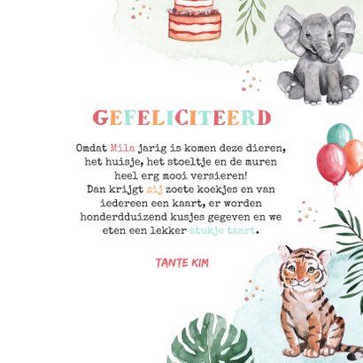 Verjaardagskaart felicitatie kind waterverf dieren feest 3