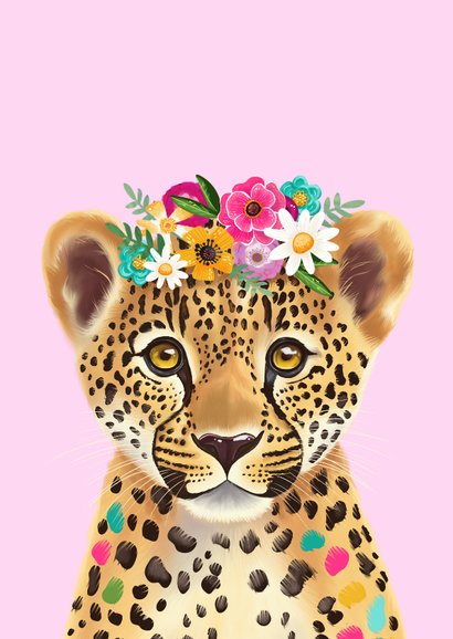 Verjaardagskaart felicitatie luipaard met bloemen 2