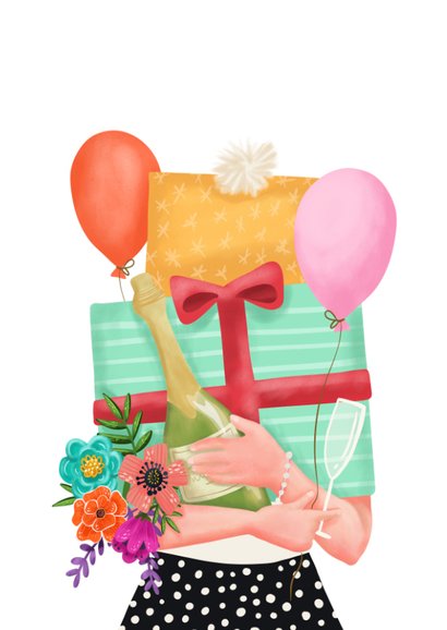 Verjaardagskaart felicitatie vrouw met kado's en bloemen 2