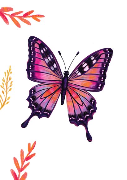 Verjaardagskaart felicitatie vrouwmeisje vlinder natuur roze 2