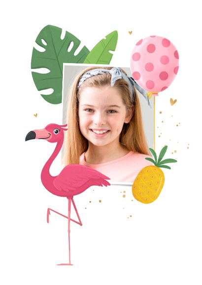 Verjaardagskaart flamingo tropisch zomer fruit ballonnen 2
