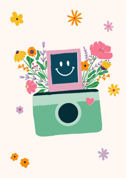 Verjaardagskaart fotocamera met bloemen 2