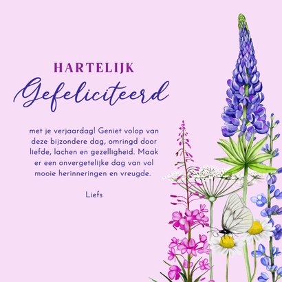 Verjaardagskaart gekleurde veldbloemen vlinder en bij 3