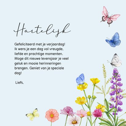 Verjaardagskaart gekleurde vlinders met veldbloemen 3