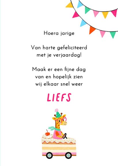 Verjaardagskaart giraffe taart auto roze 3