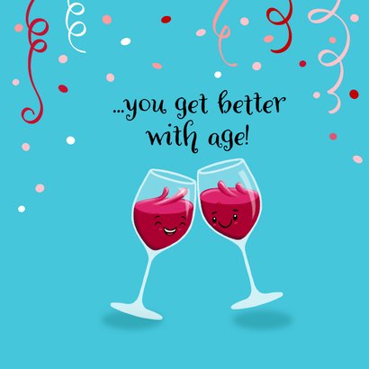 Verjaardagskaart glazen rode wijn die proosten met elkaar! 2