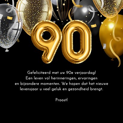 Verjaardagskaart gouden zilveren ballonnen 90 jaar 3