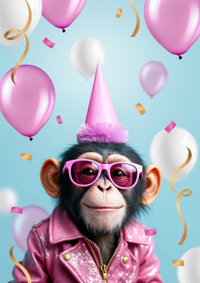 Verjaardagskaart grappig aap chimpansee ballonnen confetti 2