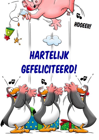 Verjaardagskaart grappig met pinguïns en feestvarken 3