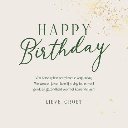 Verjaardagskaart groen cadeau met strik happy birthday goud 3