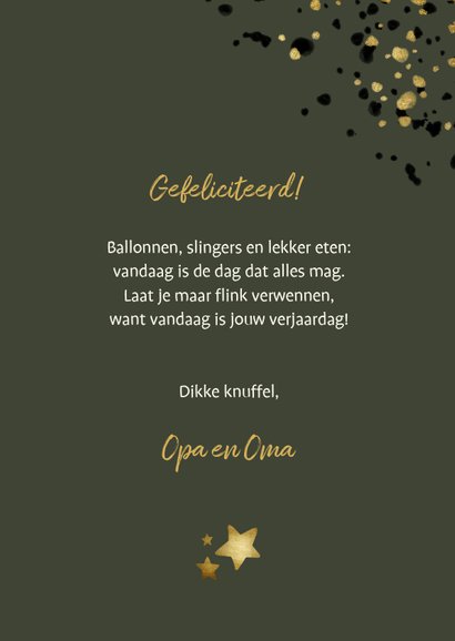 Verjaardagskaart groen met foto, gouden sterren en spetters 3