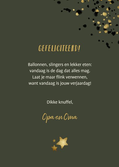 Verjaardagskaart groen met foto, gouden sterren en spetters 3