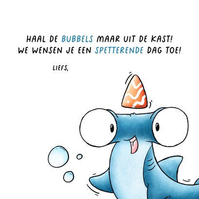 Verjaardagskaart hamerhaai met feesthoedje "Haai!" 3