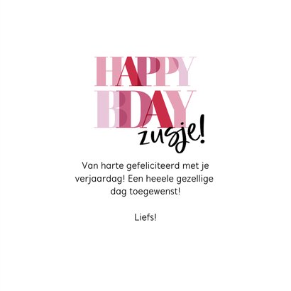 Verjaardagskaart 'happy bday zus!' in roze letters 3