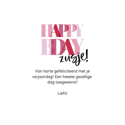 Verjaardagskaart 'happy bday zus!' in roze letters 3
