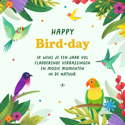 Verjaardagskaart happy bird-day vogels kleurrijk bloemen 3