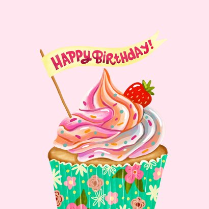 Verjaardagskaart happy birthday handen met cupcake 2