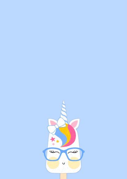Verjaardagskaart happy unicorn ijsje blauw ballon roze 2