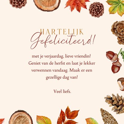 Verjaardagskaart herfst blad en dennenappels 3