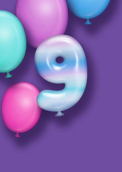 Verjaardagskaart hip 9 jaar ballonnen holografisch paars 2