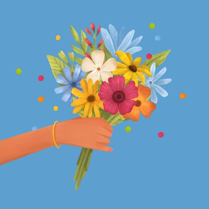 Verjaardagskaart hip vrouw met bloemen kleurrijk confetti 2