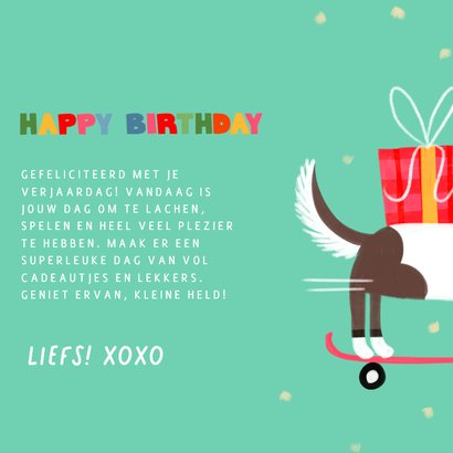 Verjaardagskaart hippe teckel op skateboard roze 3