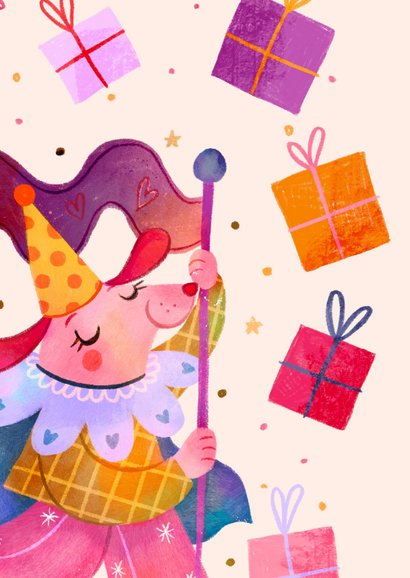 Verjaardagskaart hond in clownspakje 2