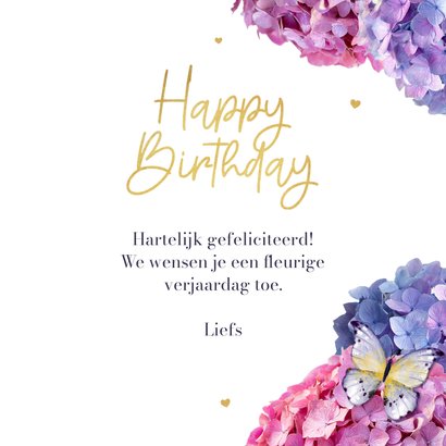 Verjaardagskaart hortensia bloemen vlinders happy birthday 3