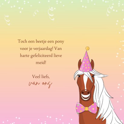 Verjaardagskaart humor illustratie paard met feestmuts op 3