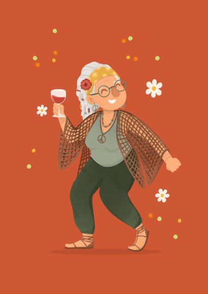 Verjaardagskaart humor vrouw hippie birthday oud wijn 2
