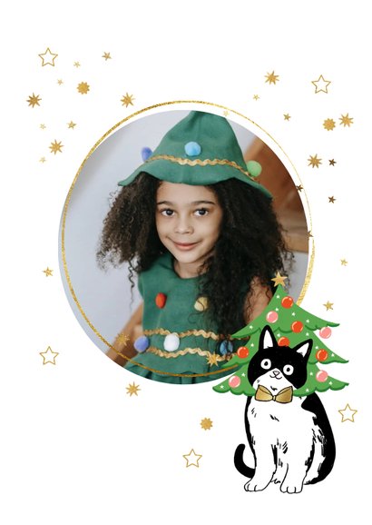 Verjaardagskaart illustratie kerstboom kat sterren goud 2