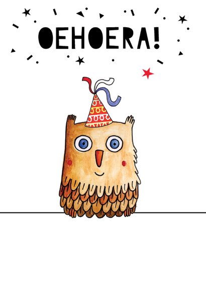 Verjaardagskaart illustratie uil met feesthoed 2
