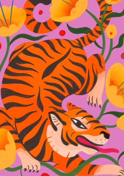 Verjaardagskaart Japanse stijl tijger roze 2