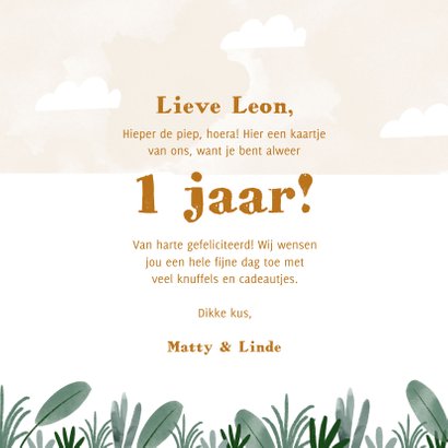 Verjaardagskaart jongen met leeuwtje en plantjes 3