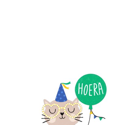 Verjaardagskaart kat gele ballon feestmuts 2