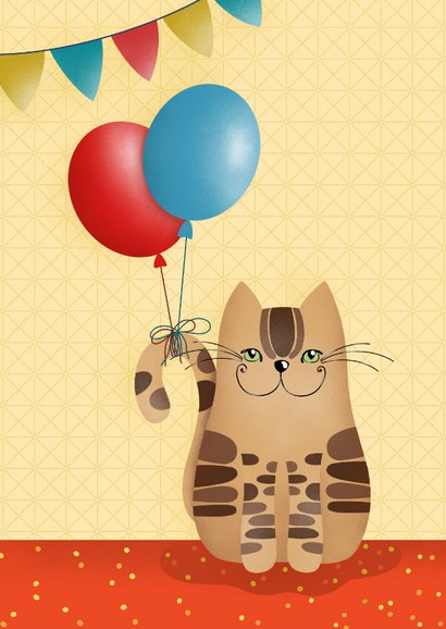 Verjaardagskaart kat met ballonnen aan zijn staart 2