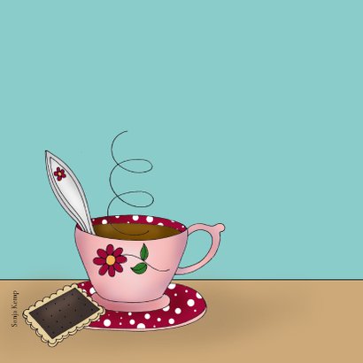 Verjaardagskaart kat met kopje thee of koffie 2