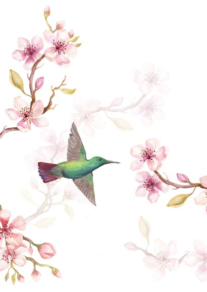 Verjaardagskaart kersenbloesem met kolibri's 2