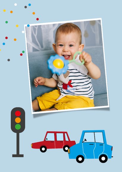 Verjaardagskaart kind 1 jaar auto voertuigen weg confetti 2